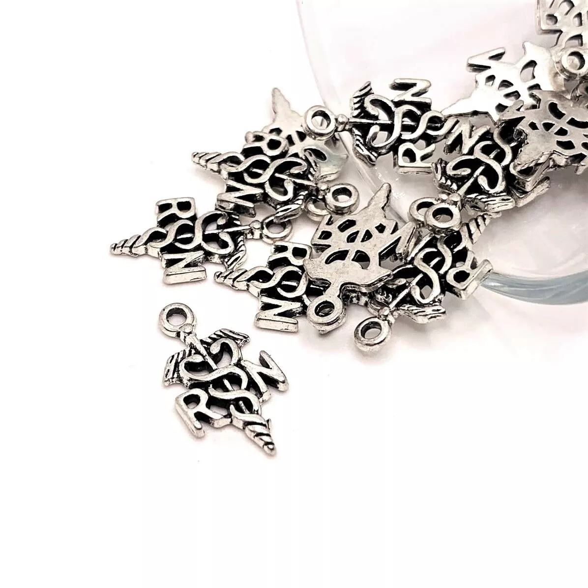 4, 20 or 50 BULK pcs Silver RN Nurse Charms, Caduceus Charms- US Seller -  AS460