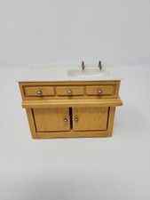 VINTAGE DOLLHOUSE MINIATURE DOLL FURNITURE PORCELAIN SINK WITH WOOD CABINET