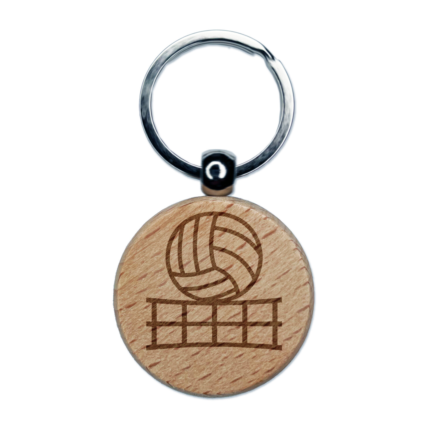 Volleyball and Net Engraved Wood Round Keychain Tag Charm