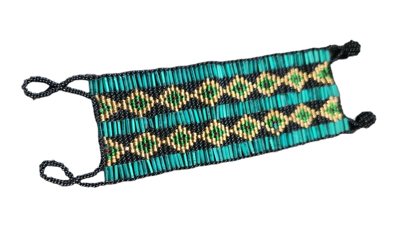 Teal Green Black Gold Woven Glass Bead Cuff Bracelet 6.5 Inch Adjustable-image
