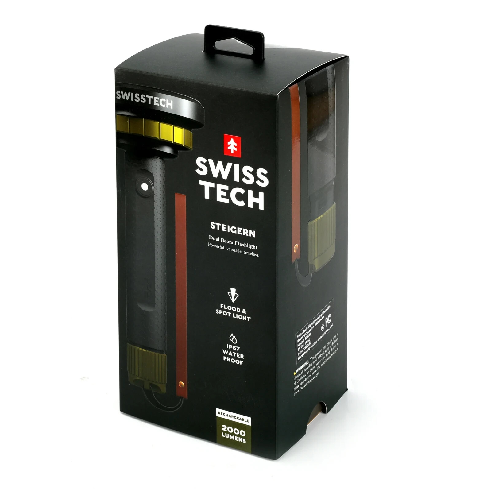 Swiss Tech Steigern 2000 Lumen LED Rechargeable Flashlight, IPX7 Waterproof, Dig