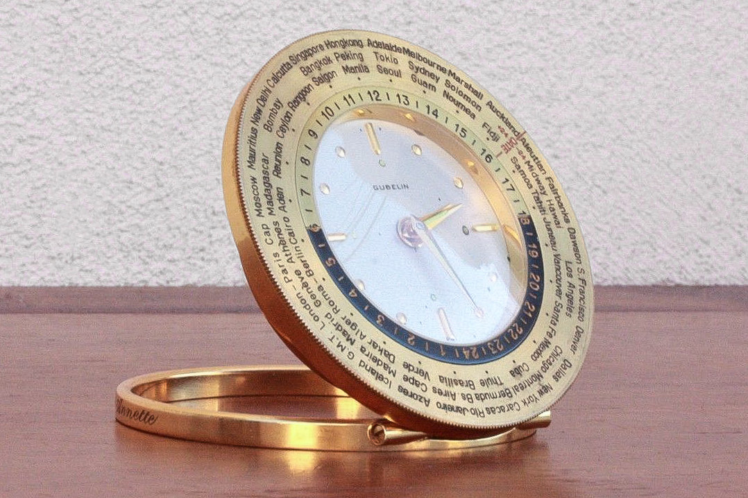 C.1960s GUBELIN World Travel Alarm Clock Gold Plated, 8 Day, nice