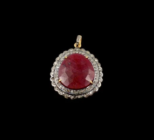 VETEMENTS Pave Diamante Rubino Corda Catena Ciondolo Argento Sterling 925 Gemma Gioielli