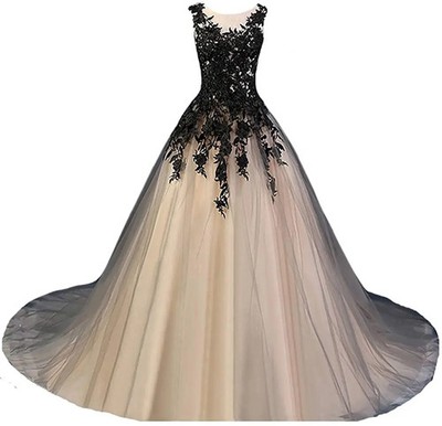 Black And White Ivory Gothic Wedding Dresses Lace Appliques, Black / 12