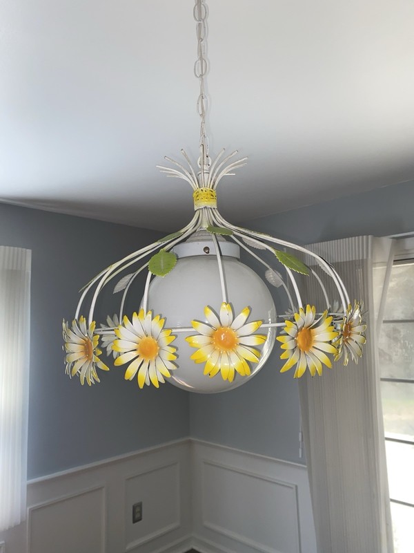 Mid Century Light Metal Toleware Floral Swag Lamp Shade Chandelier Sunflower Vtg