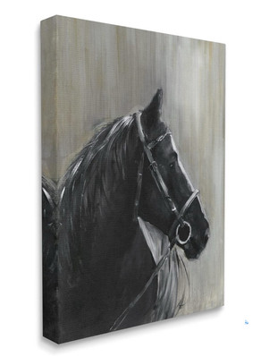 Stupell Industries Black Horse in Bridle Solemn Equestrian Portrait