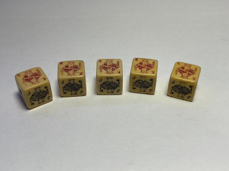 Rare Victorian England grained celluloid poker dice complete set of 5--1875