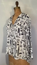 ScoLar Famous Landmarks Back Bow Blouse London Paris Italy  Black Cat Size M