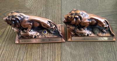 Vintage 2 - LION's CLUB Bronze copper paperweight figurines Award 4 1/2'' Long