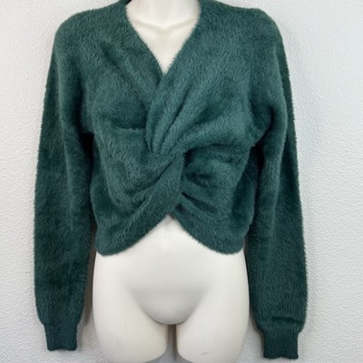 Love Tree Womens Green Faux Fur Long Sleeve Knot Front Crop Sweater Top Large L 