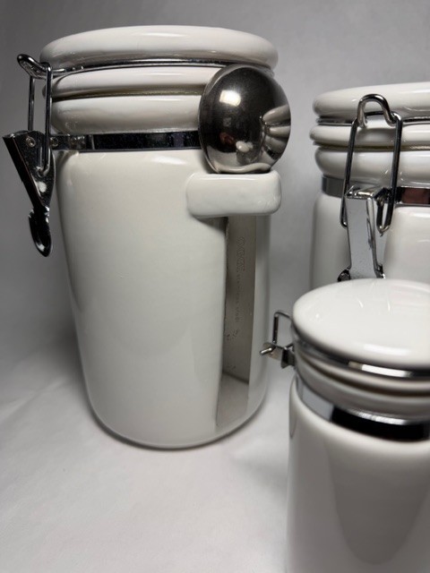 7 Piece Air Tight White Ceramic Canister Set w/Stainless Steel