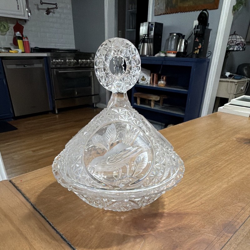 Hofbauer German Cut Crystal Engraved Birds Candy Dish with Lid 9"Tall Vintage