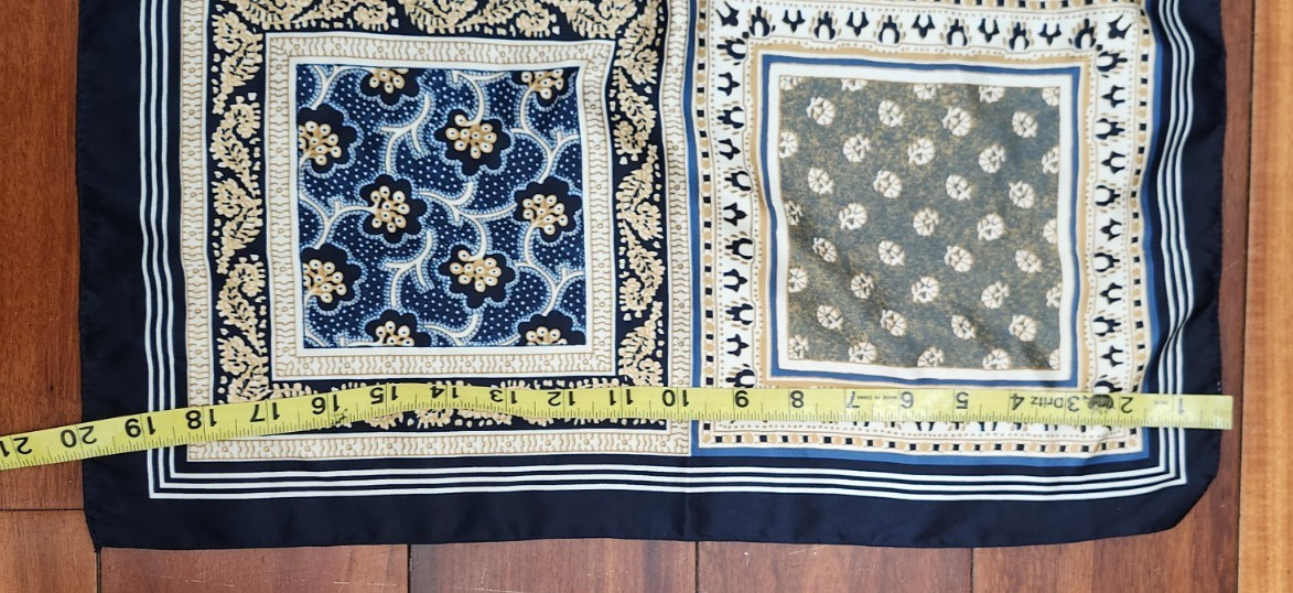 Square Scarf Navy Beige Patchwork Print 20x20 Cla… - image 4