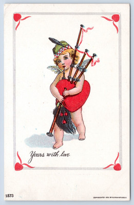 1905 Valentine Postcard-Scottish Cherub Playing Bagpipes, Heart, Yours with Love