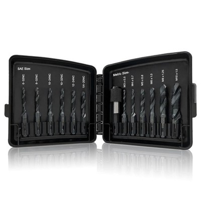 Drill & Tap Bits Set of 13 pcs - 6 SAE Sizes: 6-32NC to 1/4-20NC, 6 Metric