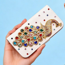 Lujosa Funda de Teléfono Brillante Diamantes Cristal Pavo Real Cuero Abatible Billetera Folio Cubierta