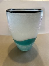 Large Blown Glass Vase Blue Green White Ocean look 9" vintage