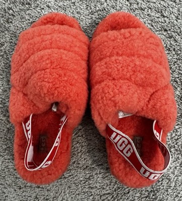 UGG Fluff Yeah Sling Back Strap Coral  Fluffy Slippers Womens Size 7 Red Current