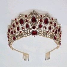 Gold Tiara with Red Gemstones Ornate Queen Costume Accessory for Women