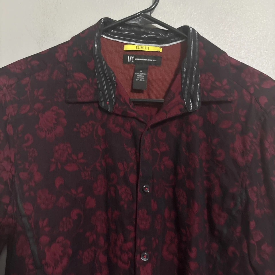 INC Borgoña Cachemira Floral Flock On Azul Marino Para Hombres LS Camisa Abotonada Retro Rock Med Foto 2 de 4
