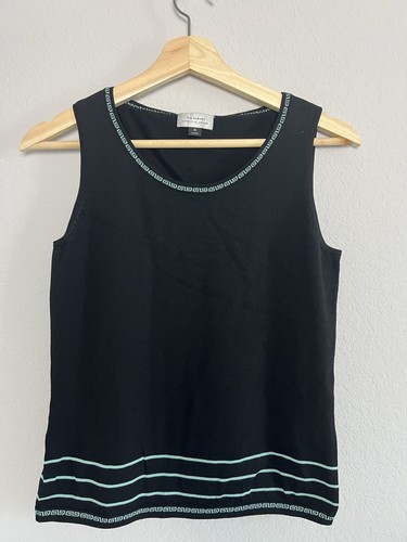 Tahari Arthur S Levine Womens Size 6 Black Knit Tank Top Sleeveless Mint Trim