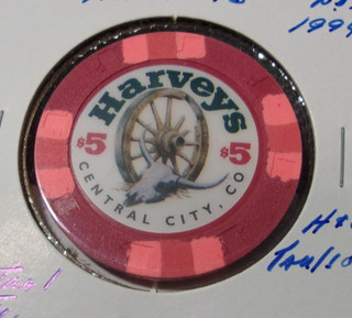 HARVEYS HOTEL CASINO 1994 $5 hotel casino gaming poker chip Central City CO