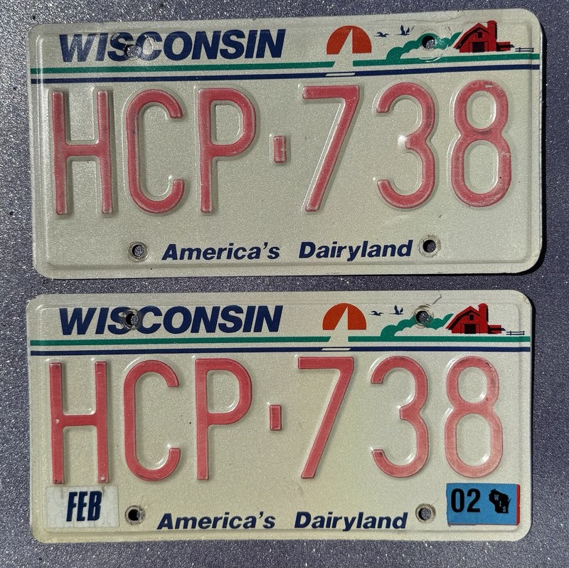 Pair WI Older License Plates 2 Wisconsin America’s Dairyland Lic HCP 738