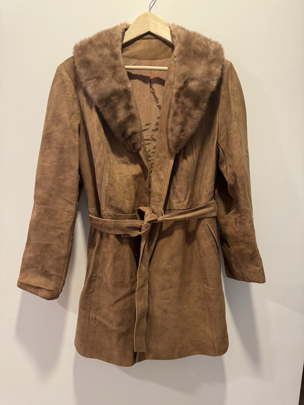 Vintage Suede Leather Trench Coat Mink Fur Collar Size 14 Women's Tan Brown