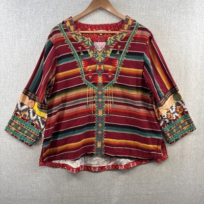 John Mark Blouse Womens Large Red Embroidered Geometric Aztec Long Sleeve Boho
