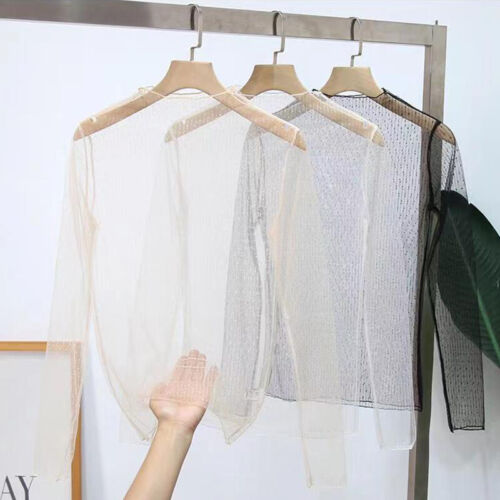 T-shirt donna a maniche lunghe con tessuto a rete trasparente pullover in pizzo  - Foto 1 di 22
