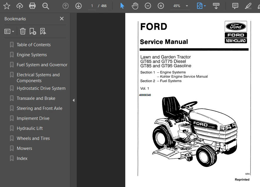 FORD GT85 TRACTOR/CORTADORA DE CÉSPED MANUAL DE TALLER DE REPARACIÓN PDF USB Foto 2 de 2