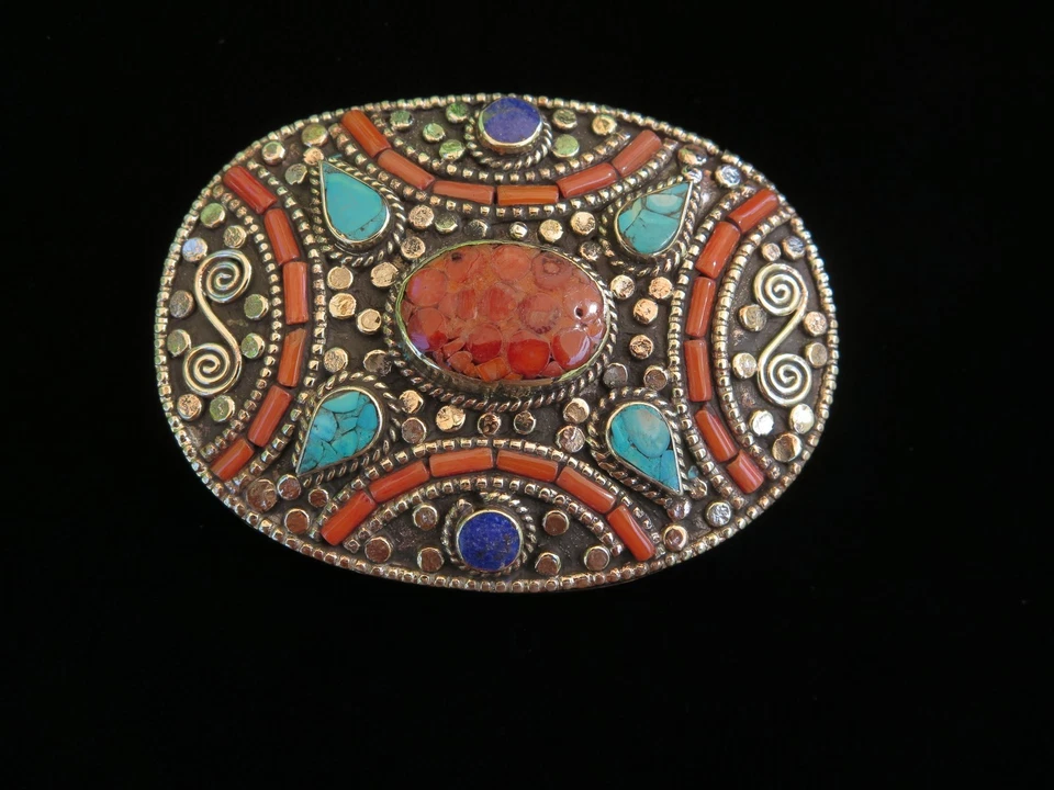Hebilla de cinturón ovalada|Piedra con incrustaciones|Turquesa|Coral|Lapislázuli|Plata alemana| 3 3/8 x 2 3/8 Foto 4 de 4