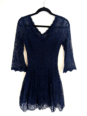 Always Indigo women's petite medium navy lined lace fit flare