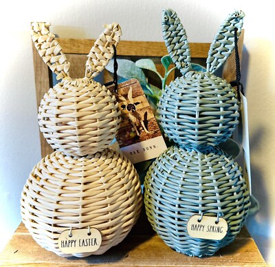 New Rae Dunn Happy Spring Happy Easter 10  Faux Wicker Bunny Rabbit Bundle