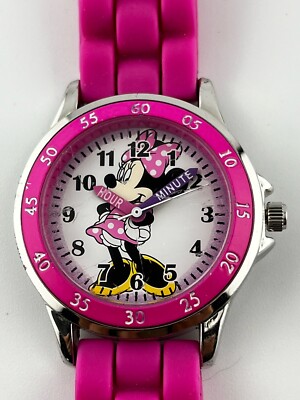 Disney Minnie Mouse Watch Pink Silicone Band Silver Tone See  display picture 1