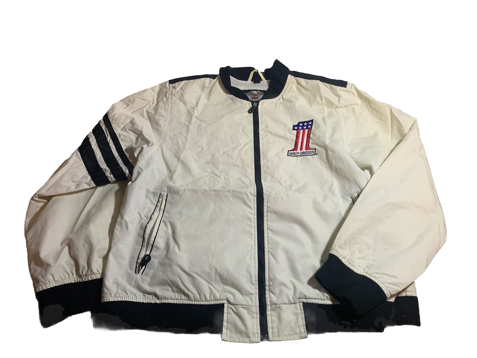 Harley Davidson Women's Vintage USA 1 White Nylon Motorcycle Bomber Jacket