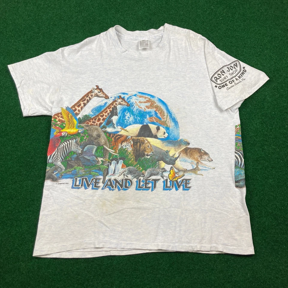 Camisa De Colección Habitat Live And Let Live Para Hombres XL Blanca Estampado Envolvente Camiseta Años 90 Foto 2 de 4