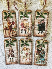  6 Tags Christmas Vintage Children Handmade Hang  Gift Tags Scrapbooks 565R