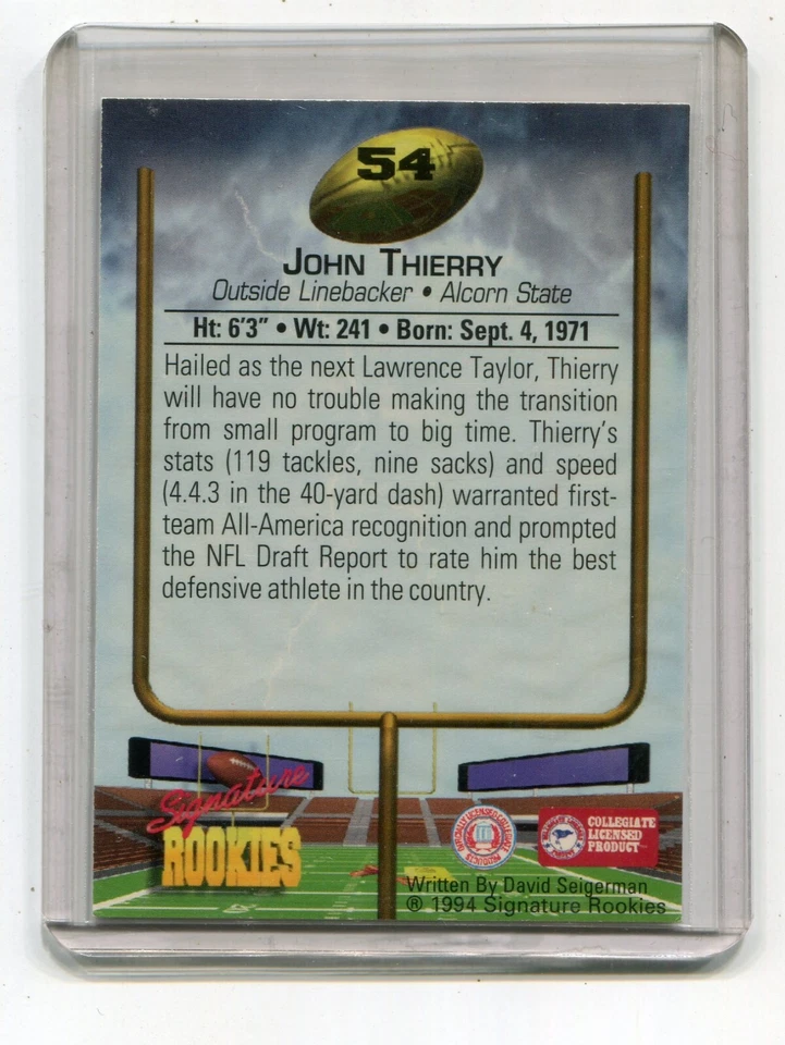 JOHN THIERRY ALCORN STATE CHICAGO BEARS 1994 SIGNATURE ROOKIES AUTOGRAPH CARD 54 - Image 2 of 2