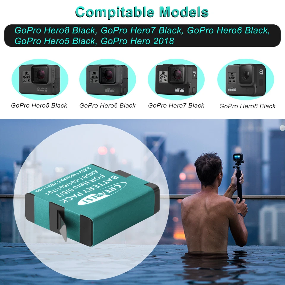 3× 1480mAh Akku AHDBT-501 601 701+ 3-Slot Ladegerät Für GoPro Hero 8 7 6 5 Black - Bild 3 von 4