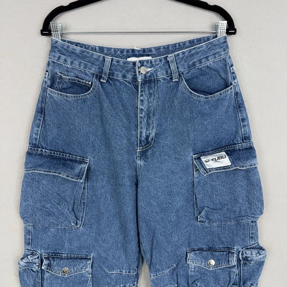 Fubu Jeans Womens Large Blue Denim Cargo Baggy Wide Leg Y2K Skater Forever 21 - Image 2 of 4