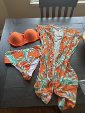 Bright Orange Tropical Bikini Set Size Large High Waist Cheeky Bottom Top