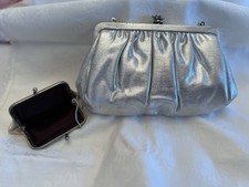 Silver Metallic Fabric and Metal Clutch Purse with Matching Coin Purse and Frame