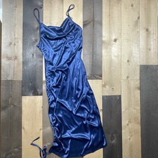 Unbranded Womens MEDIUM Satin Blue Cowl Neck Side Ruched Slip Dress