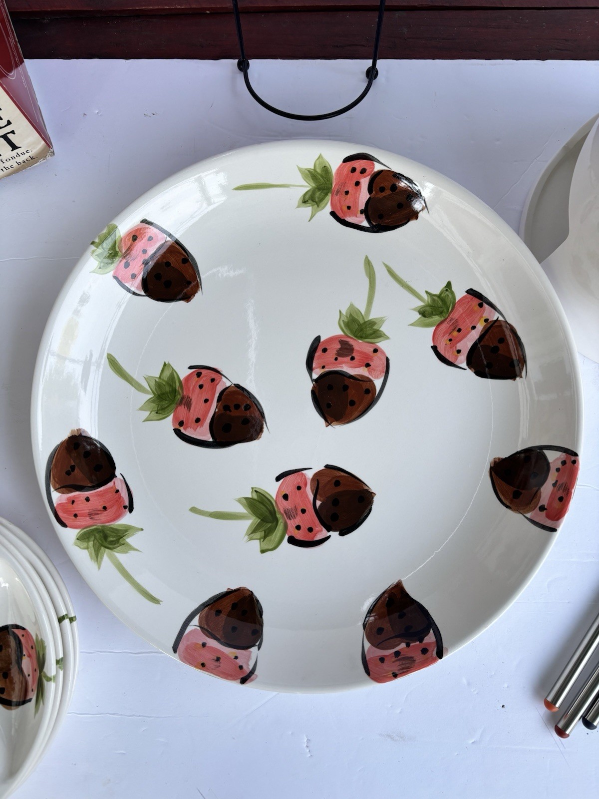 11pc Tabletops Ceramic Chocolate Strawberry Fondue Set Pot Platter Plates Forks