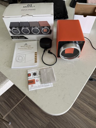 MOZSLY Single Automatic Watch Winder Faux Leather Orange w/ Adapter & Manual