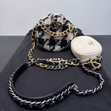 Auth Chanel Round Clutch Tweed Black White Quilted Multi‑Chain Shoulder Bag