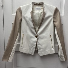 Calvin Klein Blazer Jacket Women  s 2 Ivory Tan Linen Trim Zip Pockets