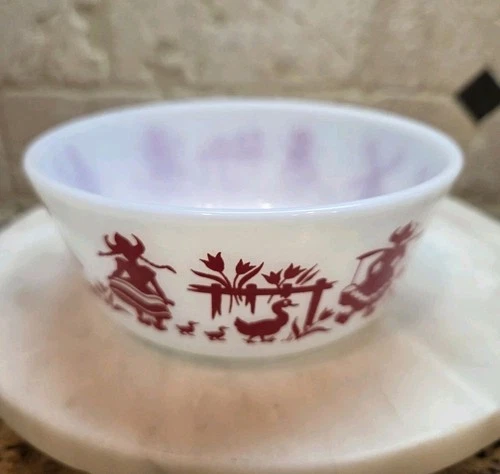 VTG Hazel Atlas Milk Glass Bowl Dutch Girl Boy Windmill Tulips Ducks White Red
