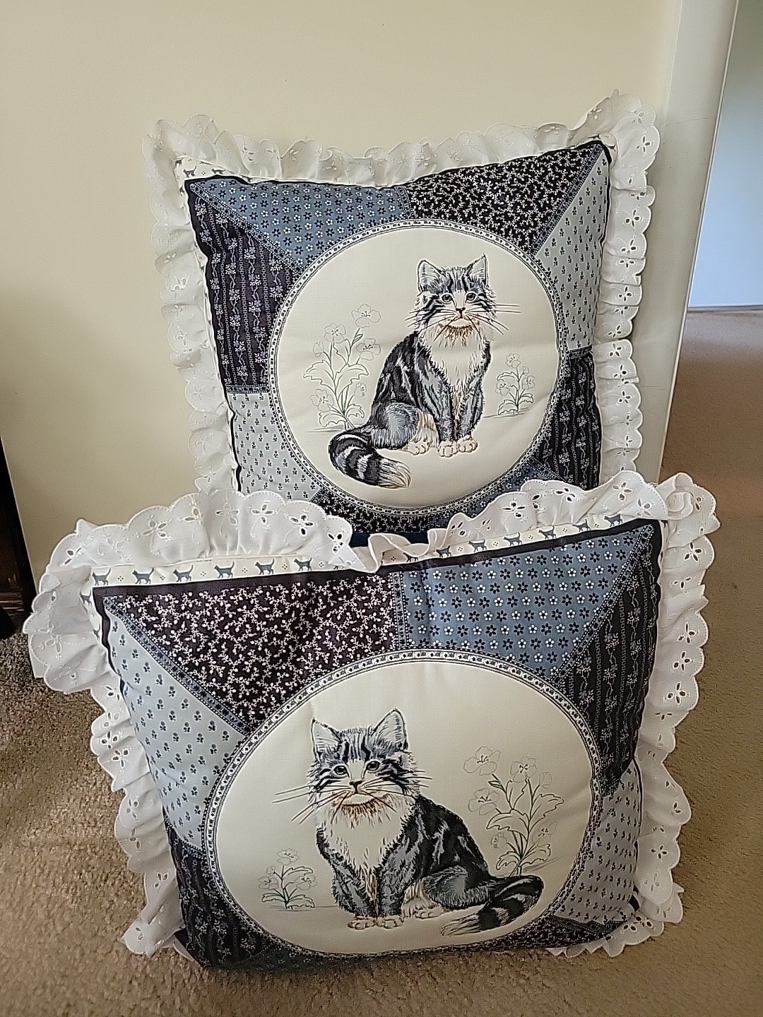 HAND STITCHED CAT MULTI-COLOR DECORATIVE RUFFLE PILLOWS Set Of 2